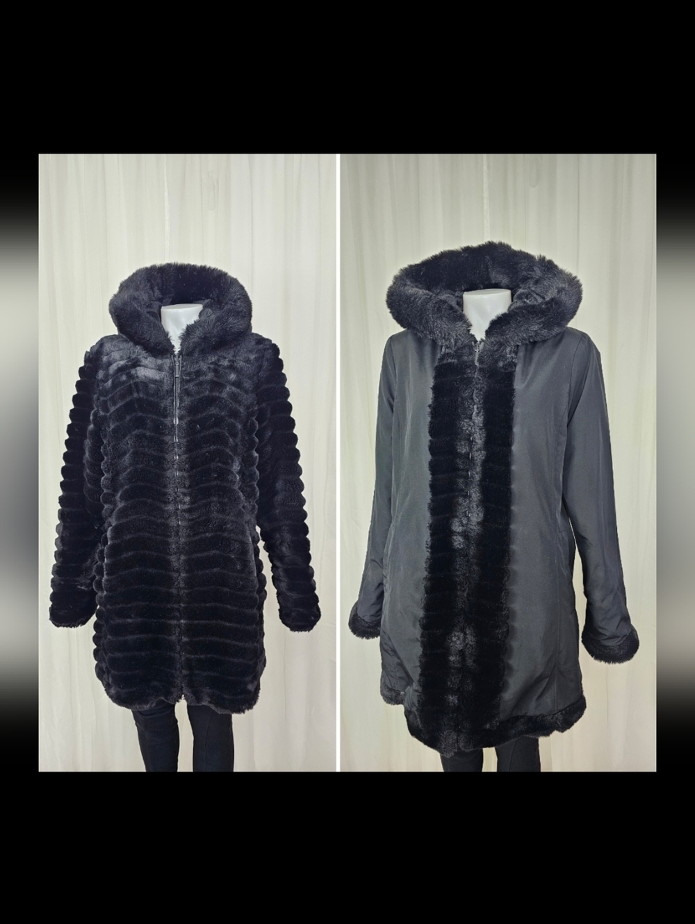 Gallery Black Faux Fur Reversible Hooded Coat Large
